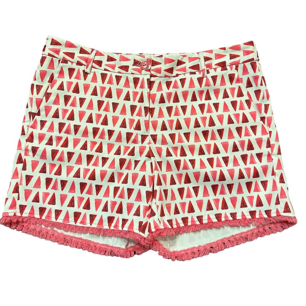 Jade Womens Pink & White Geometric Satin Fringe Hem Shorts 8